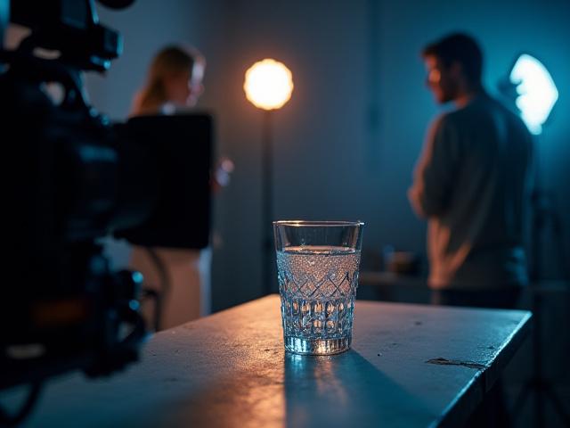 Behind-the-scenes shot ng isang videographer na kinukunan ang glassware na may eleganteng pag-iilaw.