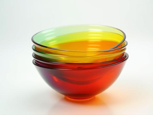 Stack of vibrant, colorful glass bowls