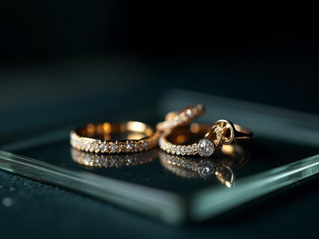 Jewelry displayed on a reflective glass surface