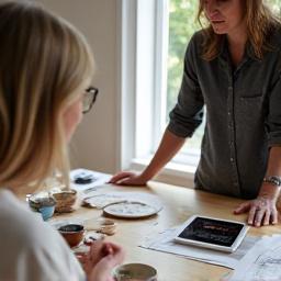 Isang larawan ng dalawang tao na nag-uusap sa isang table na may ceramics at disenyo, kumakatawan sa konsultasyon.