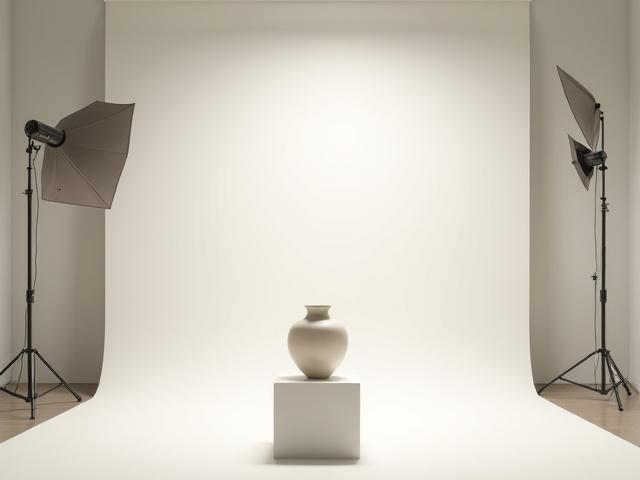 Malinis at makabagong photo studio na may iba't ibang kagamitan sa pagkuha ng larawan, nagpapakita ng isang vase na gawa sa seramika sa gitna.